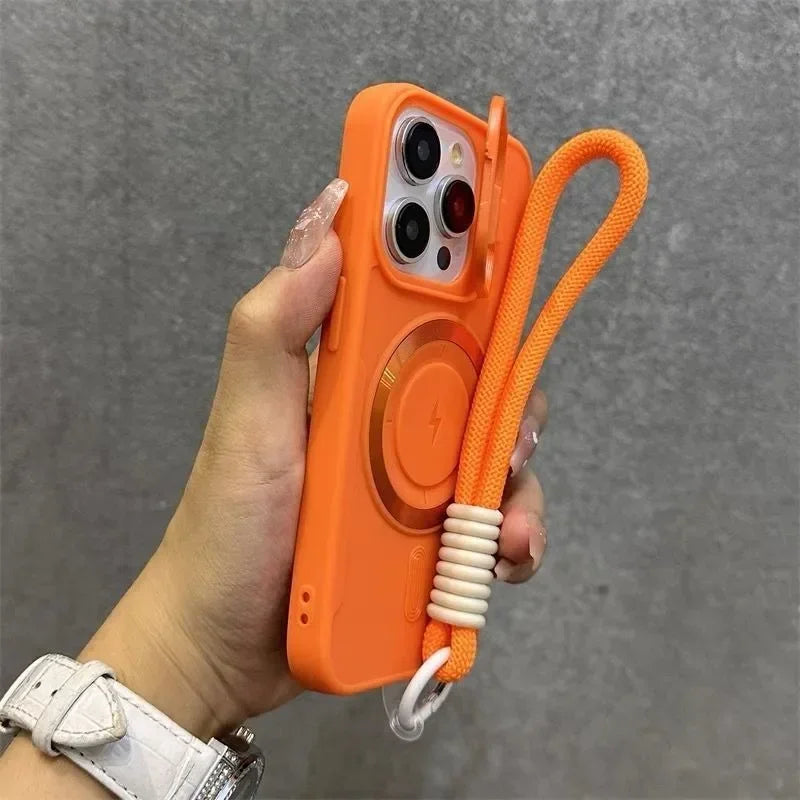 Luxury Flip Up Lens Holder Magnetic Case for iPhone 16 15 14 13 12 11 Pro Max 16 Plus Fashion Nylon Wristband Lanyard Soft Cover