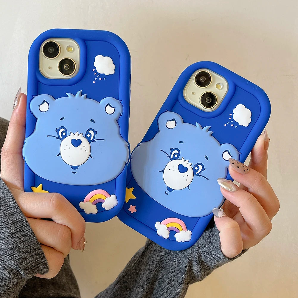 Cute 3D Cartoon Blue Rainbow Bear Soft Silicone Case For iPhone 16 15 14 Promax 13 12 Pro Max Shock Proof Cover Capa Phone Cases