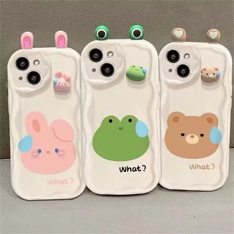 3D Ear Panda Frog Pendant Phone Case for IPhone 16 15 Pro Max 14 11 13 12 Mini XR 8 7 Plus X XS SE 2020 2022 Soft Silicone Etui