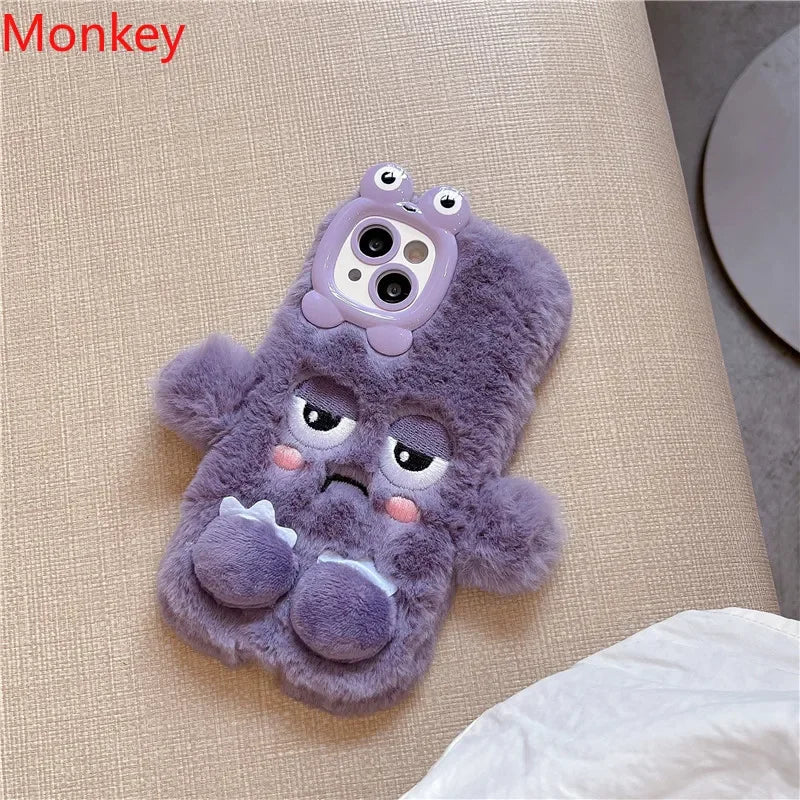 3D Cute Cartoon Funny Phone Cases For iPhone 17 16 15 14 13 12 11 Pro Max Warm Winter Fluffy Plush Soft Bumper Protection Cover