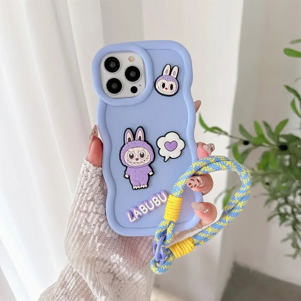 Cute Cartoon Wrist Strap Phone Case for IPhone 16 15 14 13 12 11 Pro Max XS X XR 7 8 Plus Silicone Soft Protective Cover