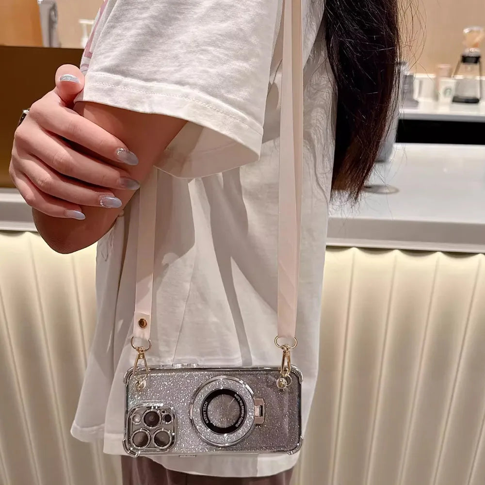 Shockproof Crossbody Lanyard Phone Case For Xiaomi Redmi Note 14 Pro Plus 14C 4G 5G 14T POCO X7 Pro Gradient Glitter Stand Cover