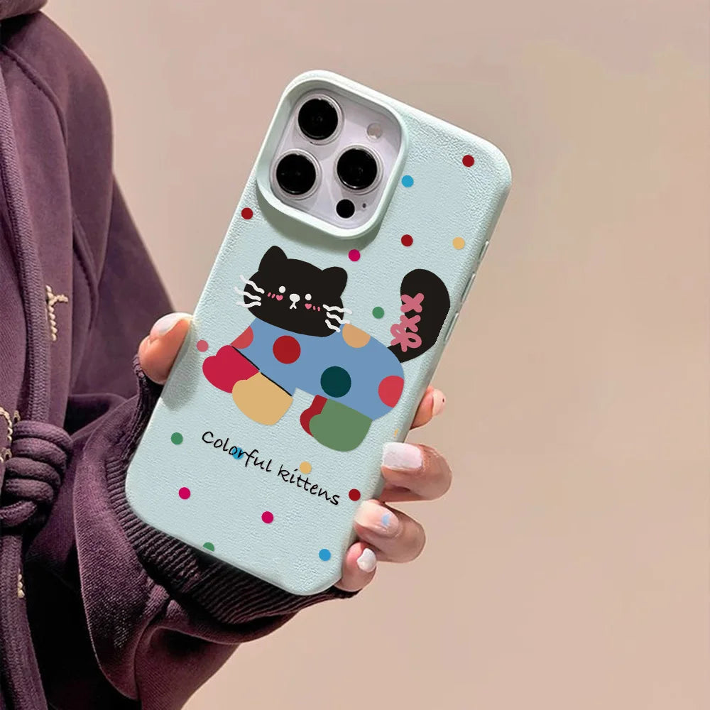 Cute Cartoon Black Cat Dots Leather Phone Case For iPhone 11 Case iPhone 16 14 12 15 13 Pro Max 16 15 Plus Soft Silicone Cover