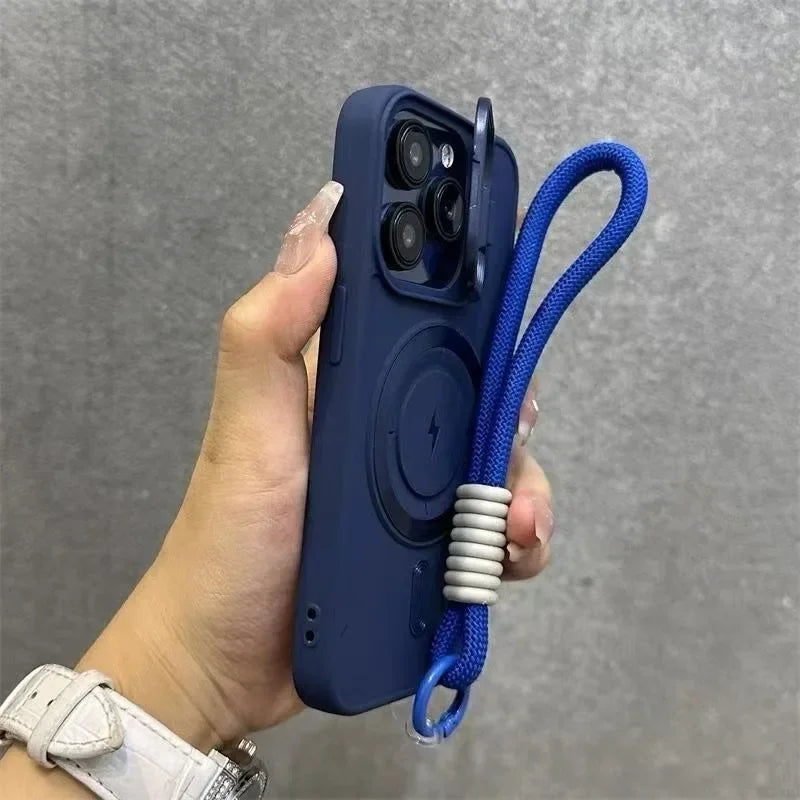 Luxury Flip Up Lens Holder Magnetic Case for iPhone 16 15 14 13 12 11 Pro Max 16 Plus Fashion Nylon Wristband Lanyard Soft Cover