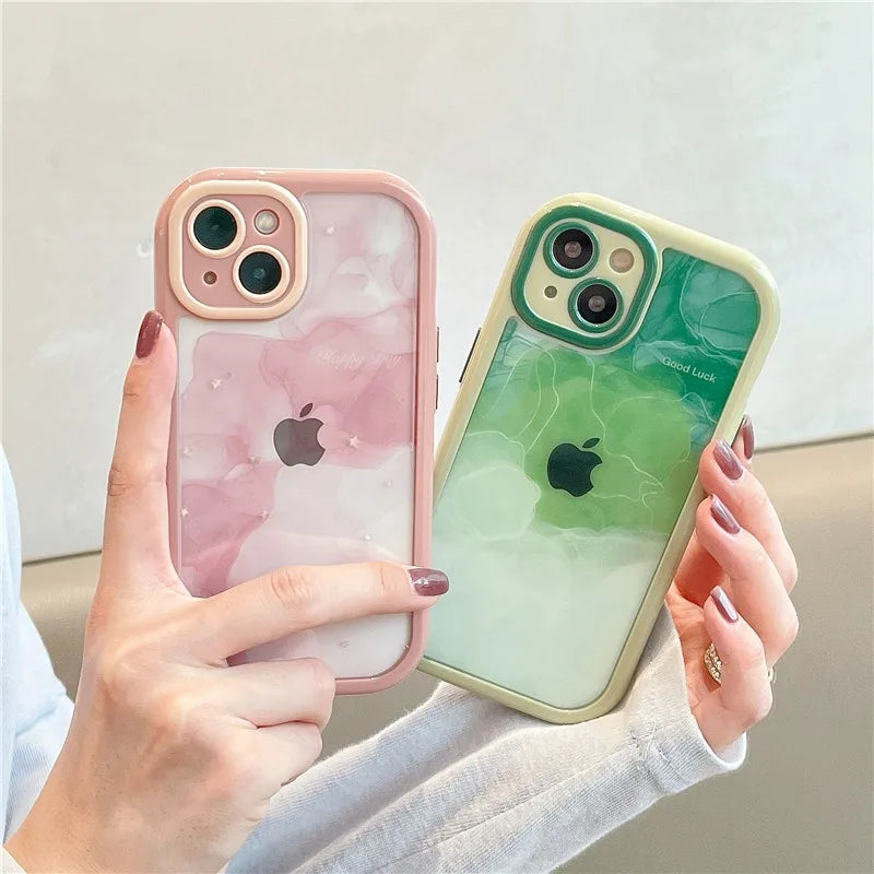 Gradient Pink Green Abstract Oil Painting Acrylic Clear Case For iPhone 16 Pro Max 15 14 13 12 11 Soft Bumper Hard Back Cover