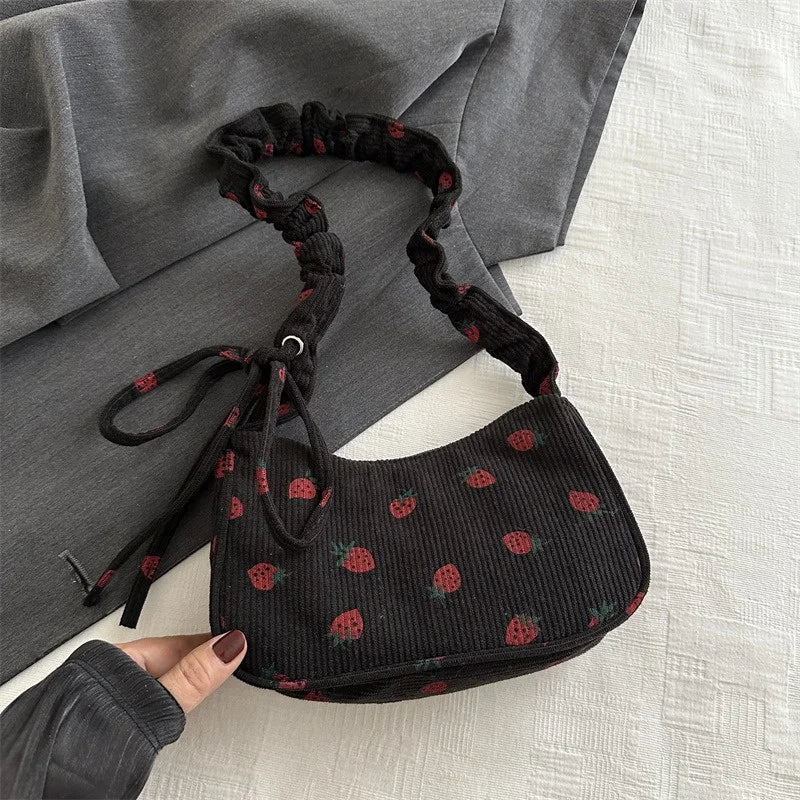 Fashionable Small Women Underarm Bag Corduroy Strawberry Print Cute Mini Shoulder Purse Half Moon Design Eco Friendly Cloth Tote