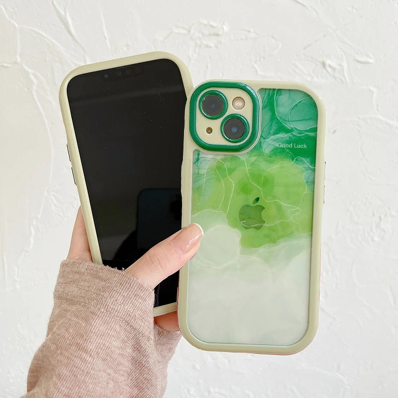 Gradient Pink Green Abstract Oil Painting Acrylic Clear Case For iPhone 16 Pro Max 15 14 13 12 11 Soft Bumper Hard Back Cover