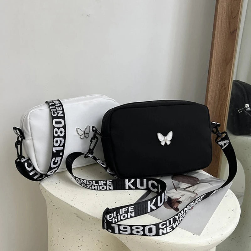 Embroidery Camera Shoulder Bag Design Nylon Small Messenger Bag Makeup Bag Women Butterfly Minimalist Solid Color Crossbody Bag