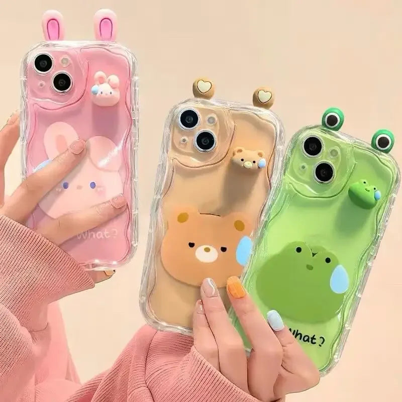 3D Ear Panda Frog Pendant Phone Case for IPhone 16 15 Pro Max 14 11 13 12 Mini XR 8 7 Plus X XS SE 2020 2022 Soft Silicone Etui