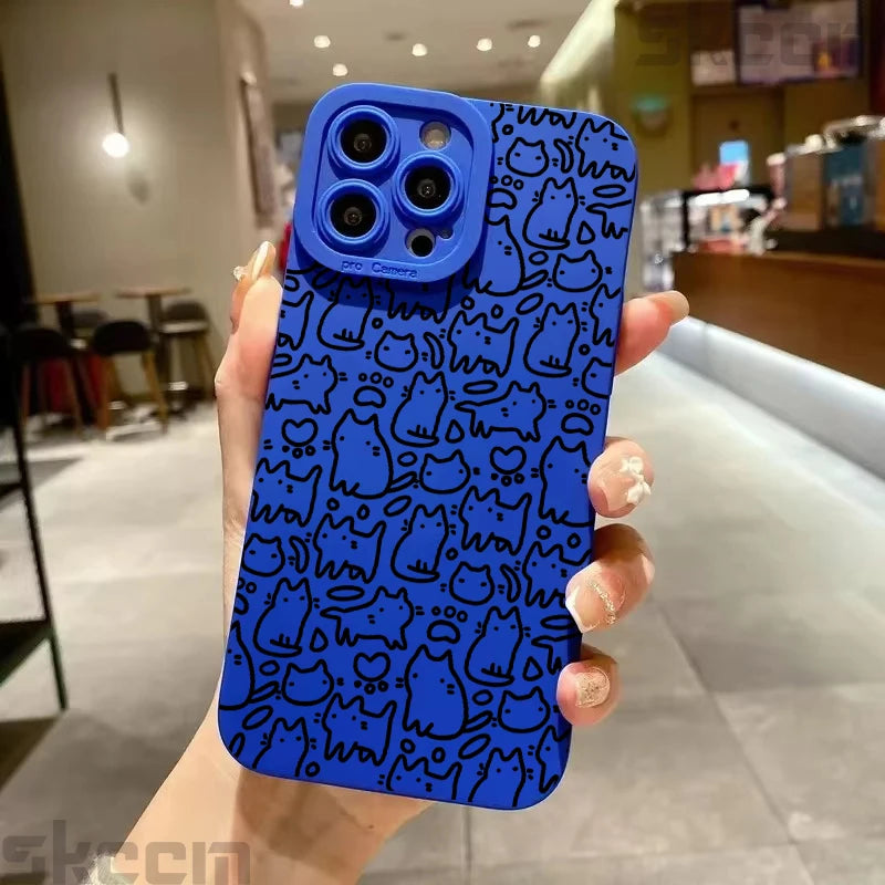 Cute Black Kitten Sketch Cat Phone Case for iPhone 16 15 14 13 12 11 Pro Max Mini XR XS X 7 8 Plus 16E Soft TPU Back Cover