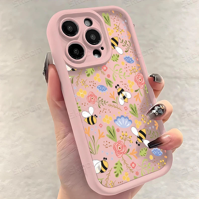 Cute Honeybee Flower Pattern Silicone Phone Case For iPhone 16 16E 15 14 13 12 11 Pro Max XS X XR 7 8 Plus SE2 Soft TPU Cover