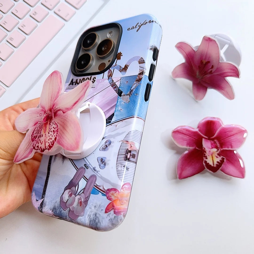 Fashion Cute  Orchid flower invisible Folding Phone Holder girl for IPhone Samsung Support Socket Pocket Grip Tok Stand Bracket