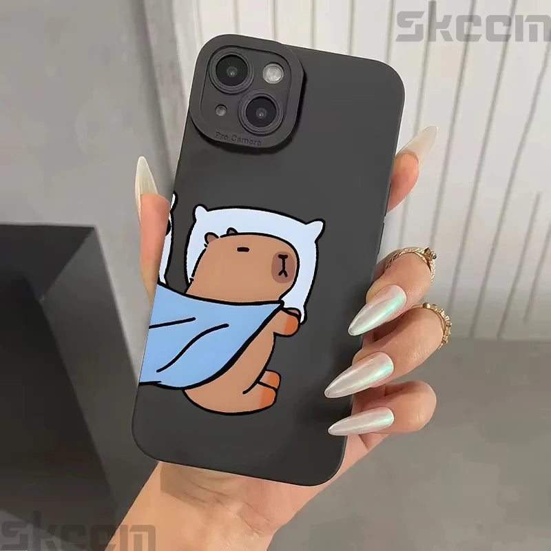 Cute Cartoon Capybara Couple Phone Case For iPhone 15 Pro Max 16 14 11 13 12 XS X XR 16E 7 8 Plus Shockproof Bumper Cover