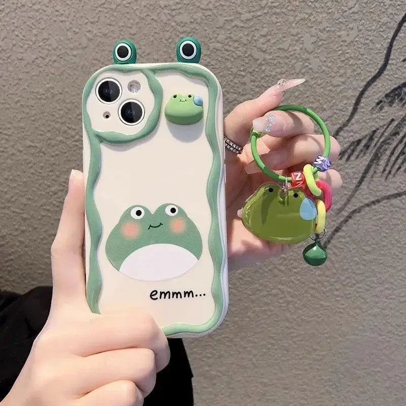 3D Ear Panda Frog Pendant Phone Case for IPhone 16 15 Pro Max 14 11 13 12 Mini XR 8 7 Plus X XS SE 2020 2022 Soft Silicone Etui
