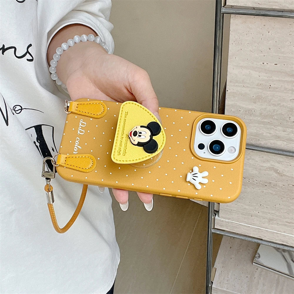 Disney 3D Mickey Stand Holder Polka Leather Case for iPhone 16 15 14 Plus 13 12 11 Pro Max Wrist Hand Strap Shockproof Cover