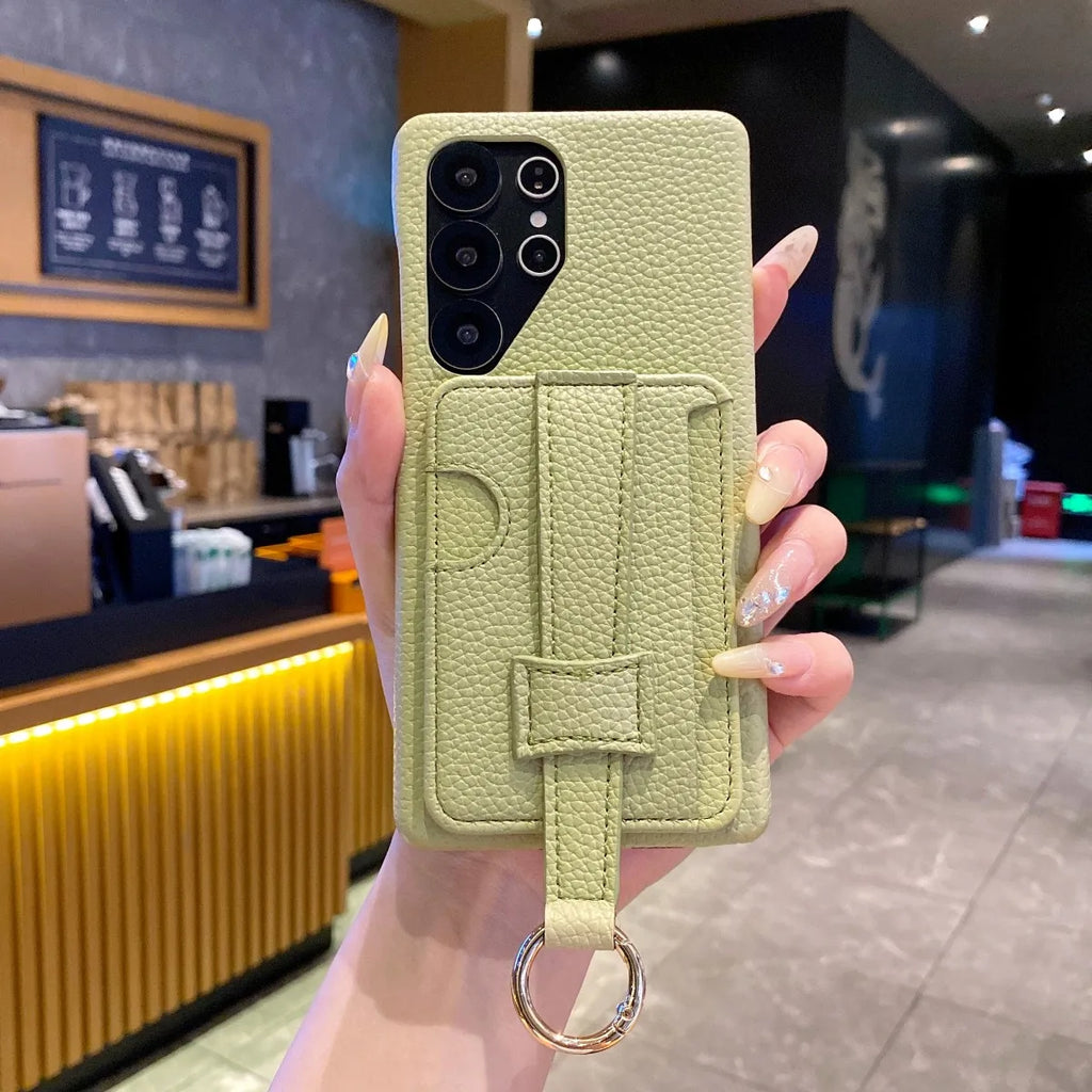 Luxury Litchi Pattern PU Leather Wallet Case For Samsung Galaxy S25 S21 S23 S24 S20 Note 20 Green Card Holder Wrist Strap Cover