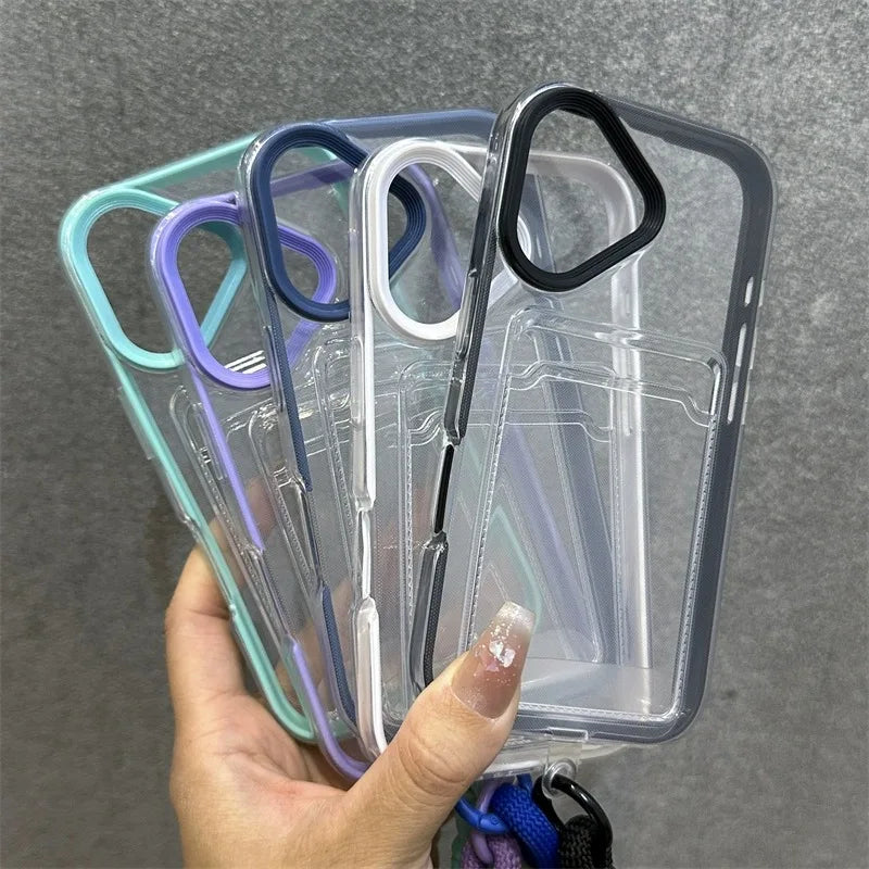 Luxury Card Slot Bag Clear With lanyard Phone Case For iPhone 11 12 13 14 15 Pro Max 16 Plus XS Shockproof Bumber Soft TPU Cover