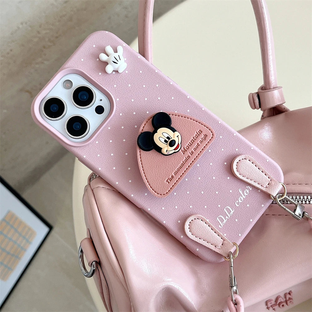 Disney 3D Mickey Stand Holder Polka Leather Case for iPhone 16 15 14 Plus 13 12 11 Pro Max Wrist Hand Strap Shockproof Cover