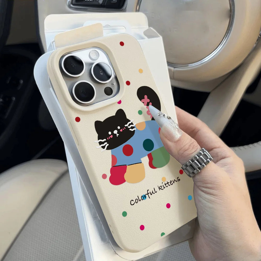 Cute Cartoon Black Cat Dots Leather Phone Case For iPhone 11 Case iPhone 16 14 12 15 13 Pro Max 16 15 Plus Soft Silicone Cover