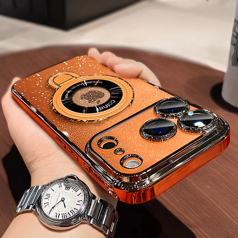 Luxury Glitter for Magsafe Bracket Case for iPhone 17 16 15 Pro Max Air 14 12 13 11 Transparent Stand Camera Film Hard PC Cover