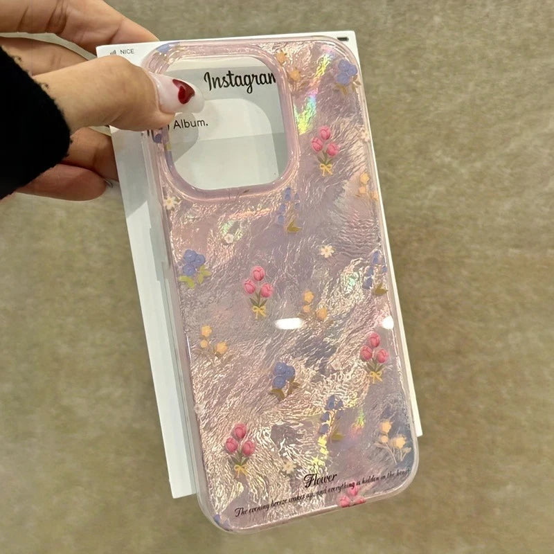 Cute Tulip Pink Floral Fashion Gauze Clear Phone Case For iPhone 17 16 15 14 13 12 11 Pro Max XS XR X 7 Plus Silicone Soft Cover