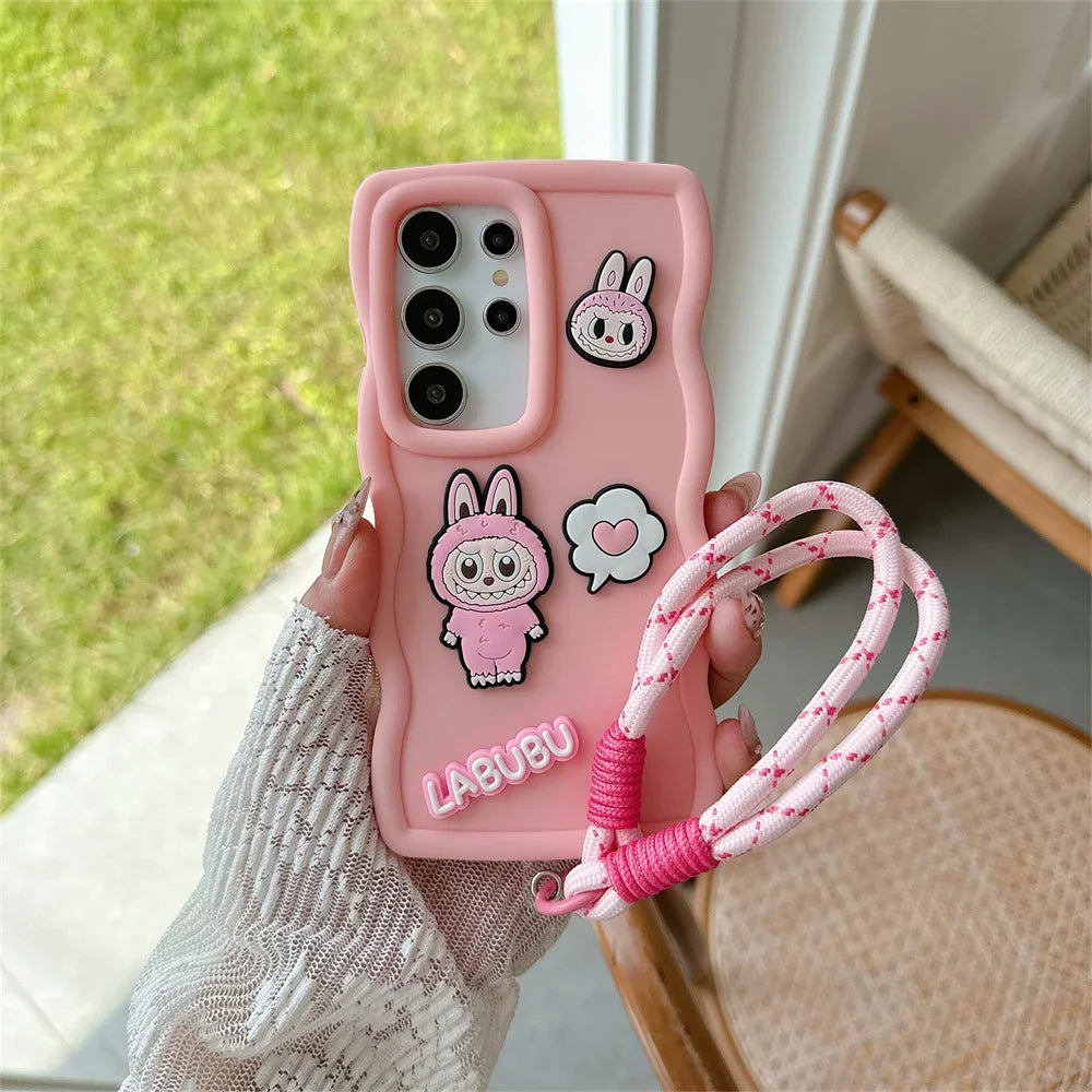 Cartoon Cute Wrist Strap Cover for Samsung Galaxy S21 FE S25 S24 S22 Ultra S23 Plus A06 A55 A35 A54 A34 Phone Case Soft