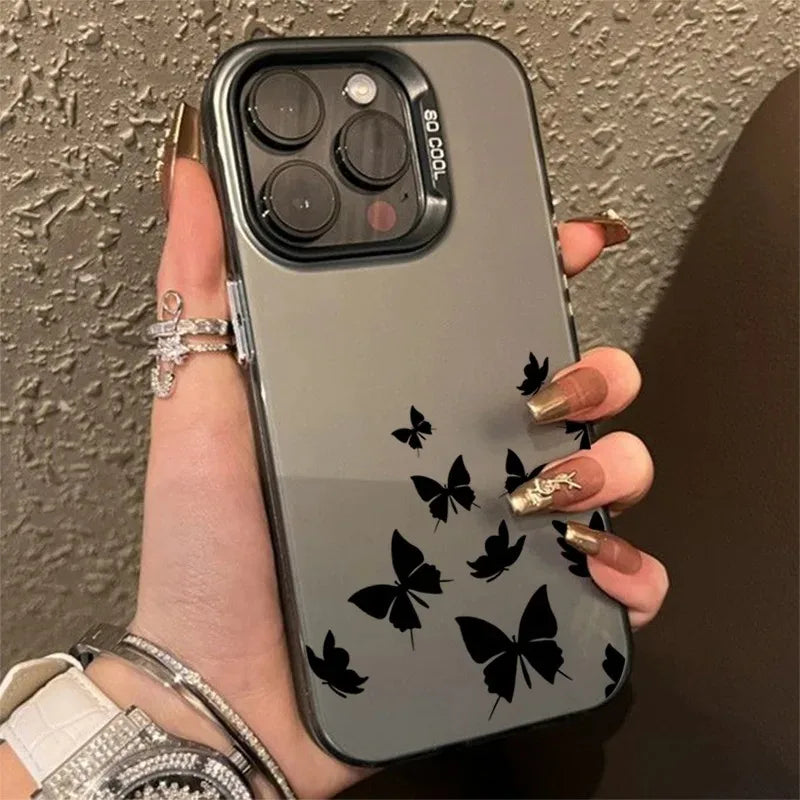 For iPhone 16 15 14 Plus 13 12 11 Pro MAX 16E Shockproof Drawing Butterfly Lens Protect Plating Phone Cover Case