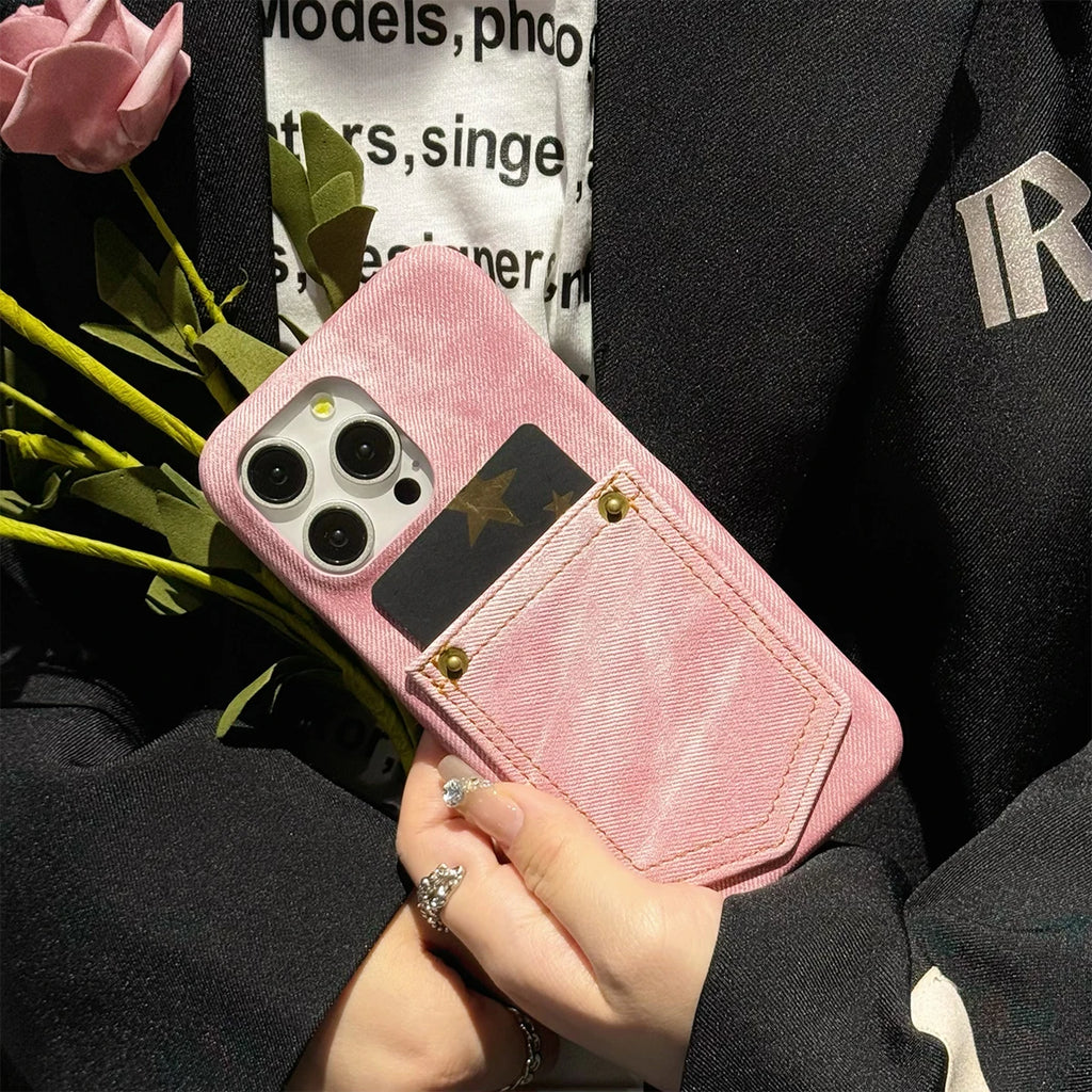 Luxury Denim Leather Card Bag Case For iPhone 15 14 13 12 11 Pro Max