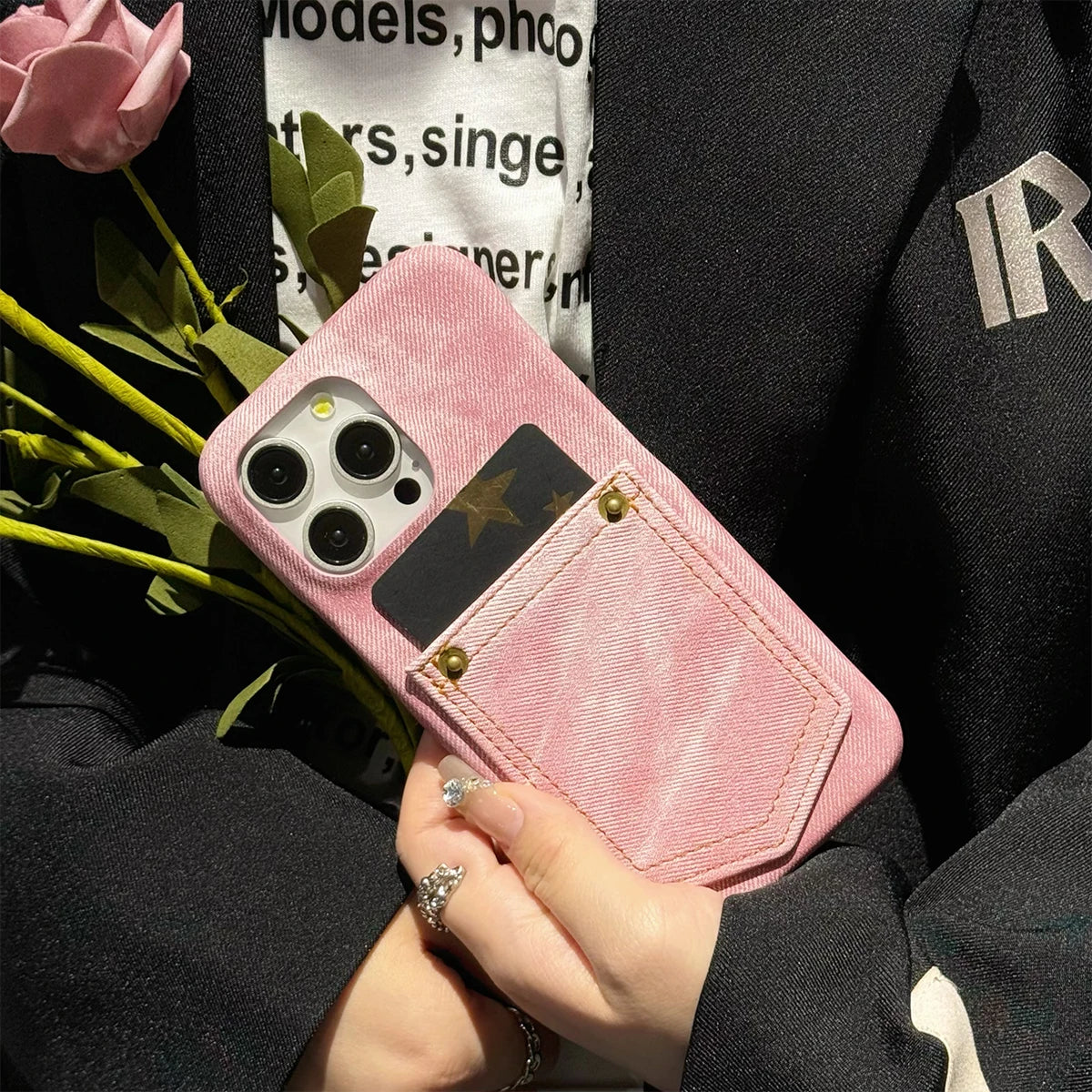 Luxury Denim Leather Card Bag Case For iPhone 15 14 13 12 11 Pro Max