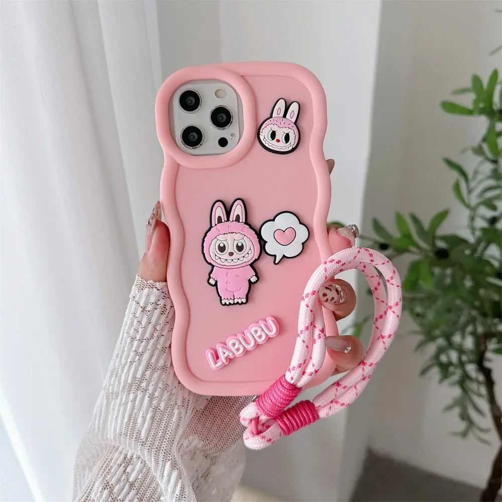 Cute Cartoon Wrist Strap Phone Case for IPhone 16 15 14 13 12 11 Pro Max XS X XR 7 8 Plus Silicone Soft Protective Cover