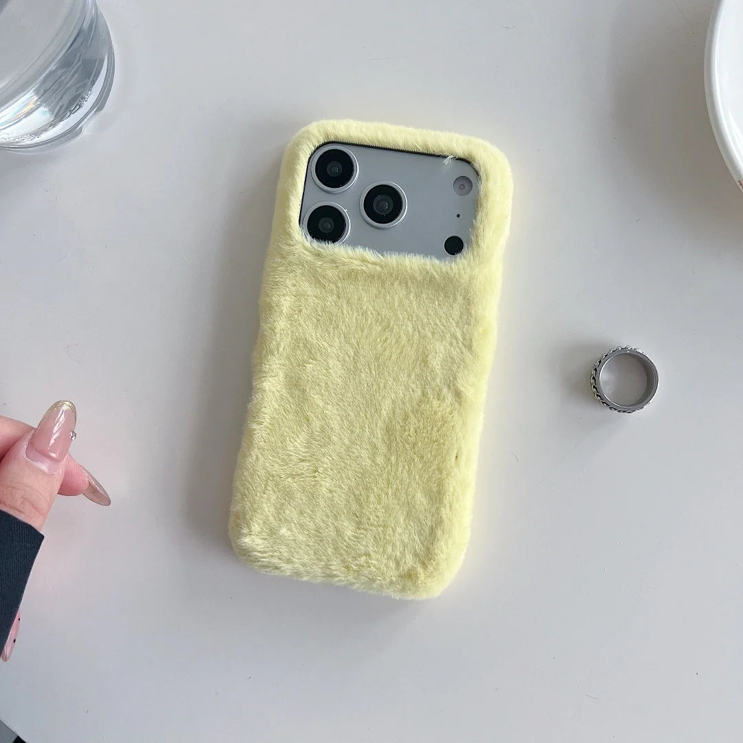 Winter Warm Fur Fluffy Phone Case for iPhone 17 Pro Max 16 15 14 13 Pro Max Solid Color Plush Sweater Girl Protection Cover