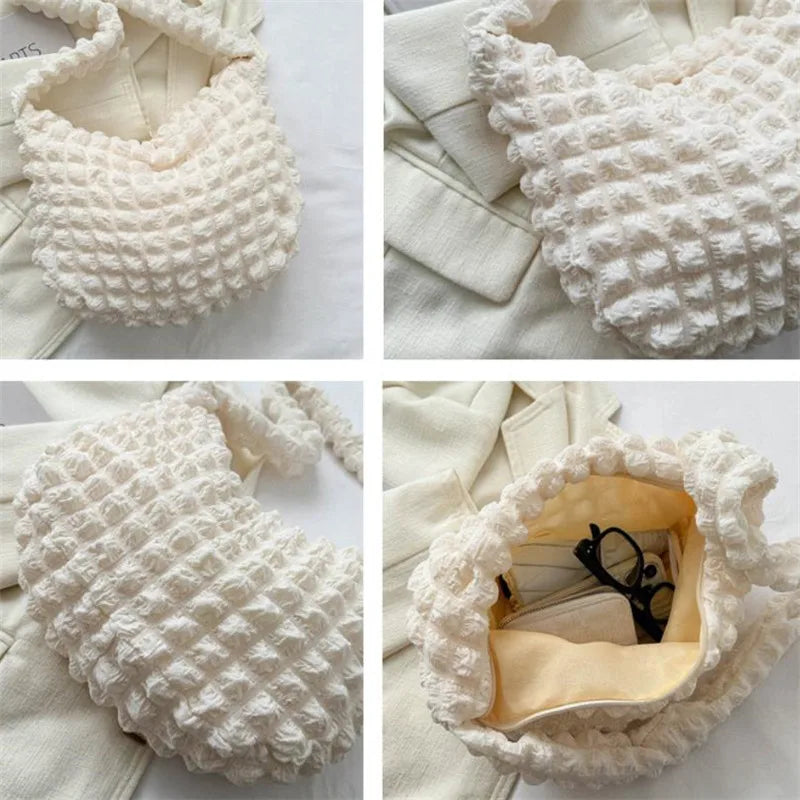 Crossbody Bag With Pleated Design Embroidered Plaid Shoulder Bag Underarm Bags Simple Large Capacity Quilted Tote Bags For Women