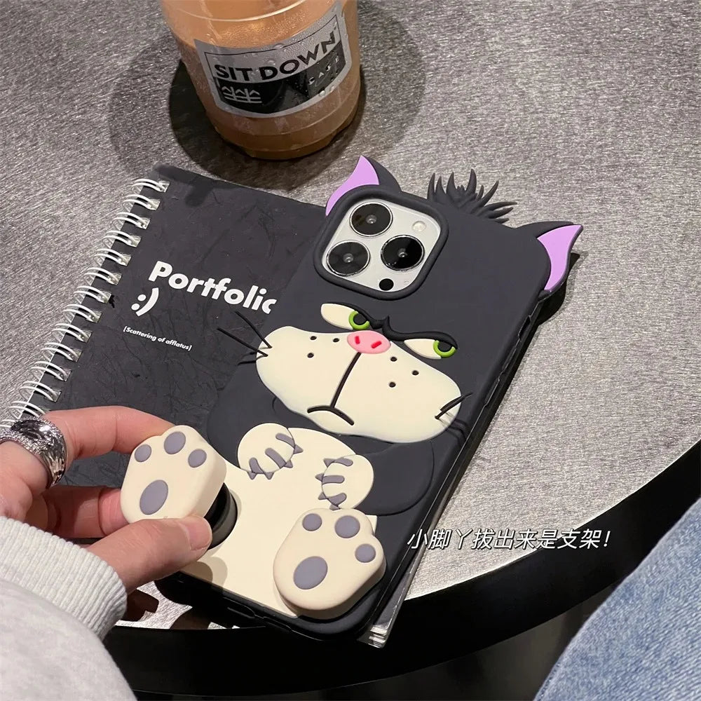 3D Lucifer Cat Cinderella Stretching Feet Stand Holder Cover For iPhone 11 12 13 14 15 16 Pro Max Cute 3D Cartoon Bracket Case