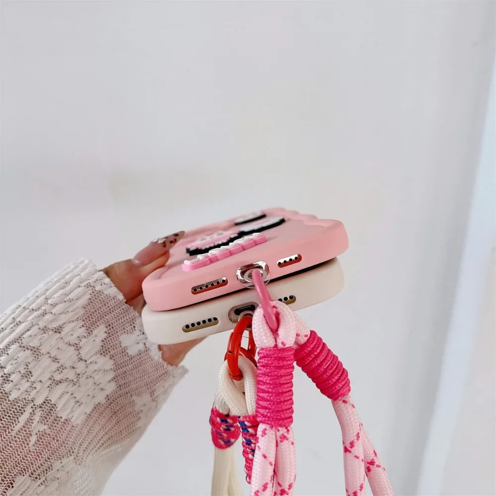 Cute Cartoon Wrist Strap Phone Case for IPhone 16 15 14 13 12 11 Pro Max XS X XR 7 8 Plus Silicone Soft Protective Cover