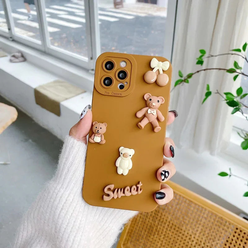 Cute 3D Bear Phone Case For iPhone16 11 12 13 Mini 14 15 Pro Max Anti Knock Back Cover for iPhone X XR XS Max 7 8 6 6s Plus Capa