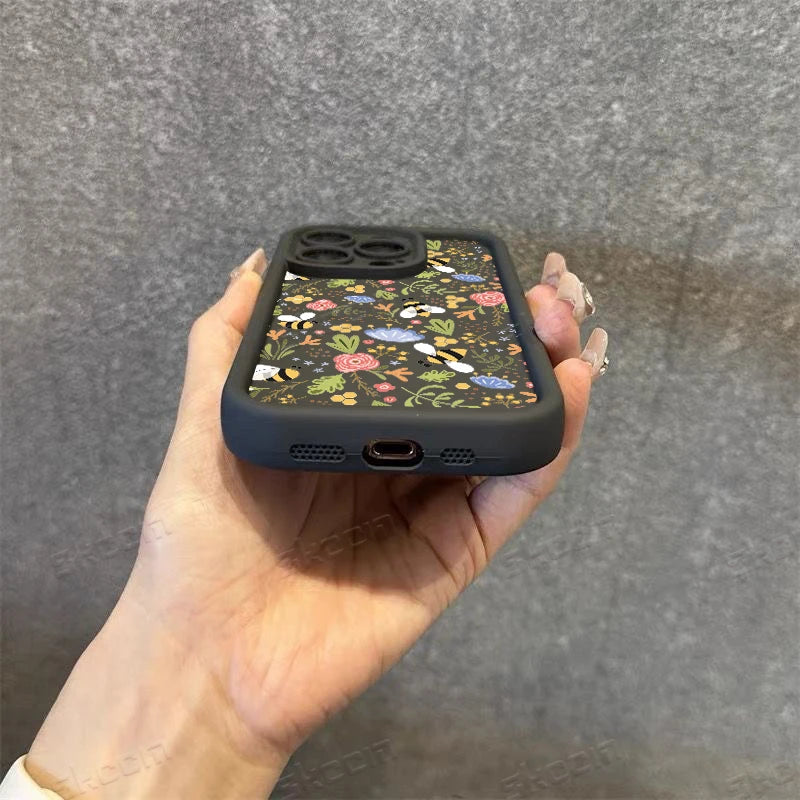 Cute Honeybee Flower Pattern Silicone Phone Case For iPhone 16 16E 15 14 13 12 11 Pro Max XS X XR 7 8 Plus SE2 Soft TPU Cover