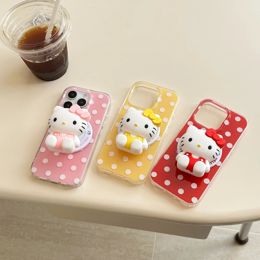 3D Cute Sanrio Hello Kitty Magnetic Grip Tok Holder Magsafe Wireless Charge Phone Case For iPhone 16 15 14 13 12 Pro Max Cover