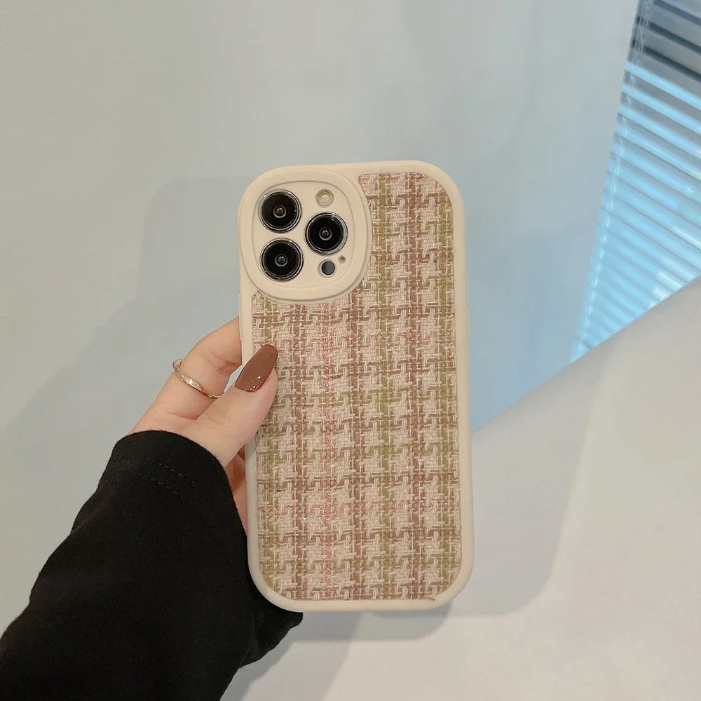 Classic Knitted Check Houndstooth Phone Case for iPhone17 16 15 14 12 13 11 Pro ProMax Plus X XR Xsmax Shockproof Soft Cover
