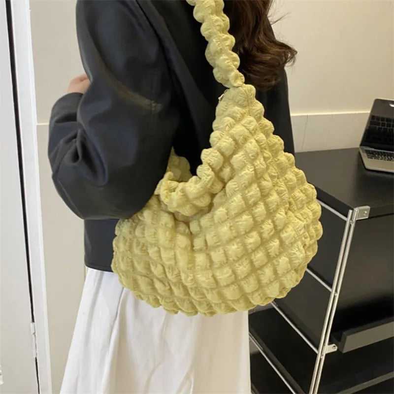 Crossbody Bag With Pleated Design Embroidered Plaid Shoulder Bag Underarm Bags Simple Large Capacity Quilted Tote Bags For Women