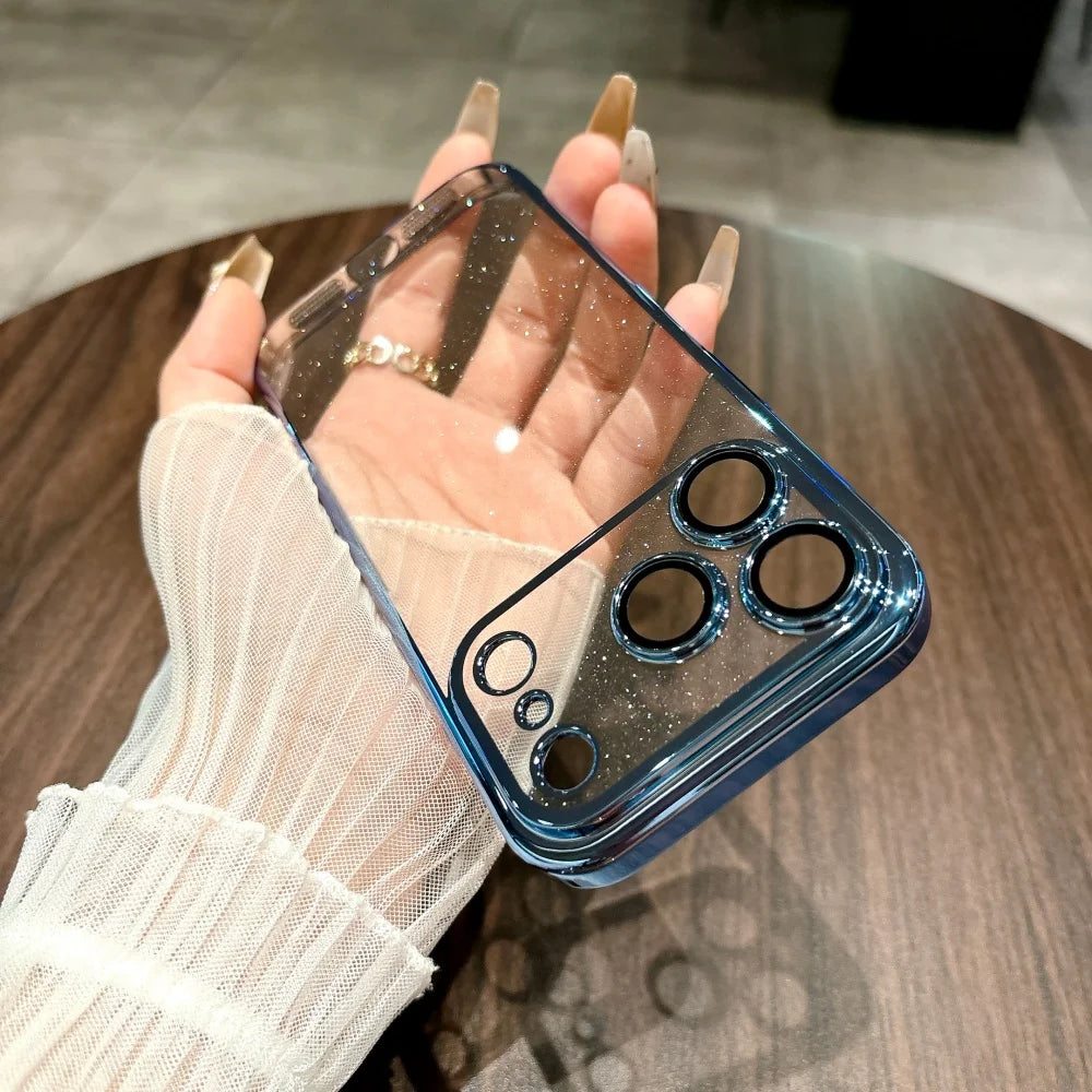 Luxury Slim Transparent Glitter PC Case for iPhone 17 16 15 14 11 13 12 Pro Max 17 Pro Cases Clear Camera Lens Protector  Cover