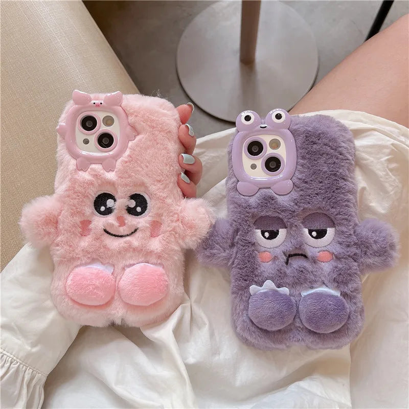 3D Cute Cartoon Funny Phone Cases For iPhone 17 16 15 14 13 12 11 Pro Max Warm Winter Fluffy Plush Soft Bumper Protection Cover