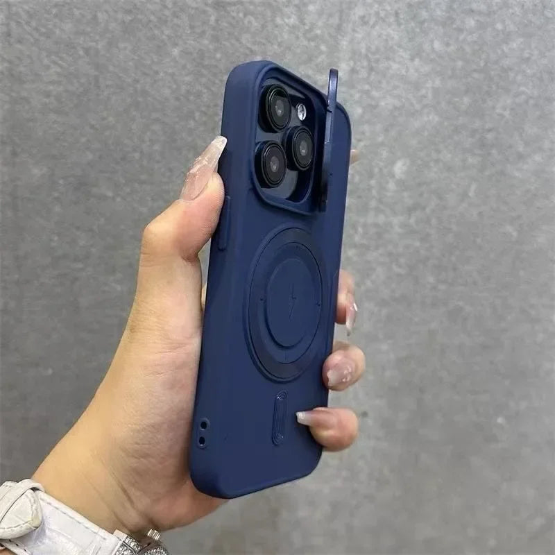 Luxury Flip Up Lens Holder Magnetic Case for iPhone 16 15 14 13 12 11 Pro Max 16 Plus Fashion Nylon Wristband Lanyard Soft Cover