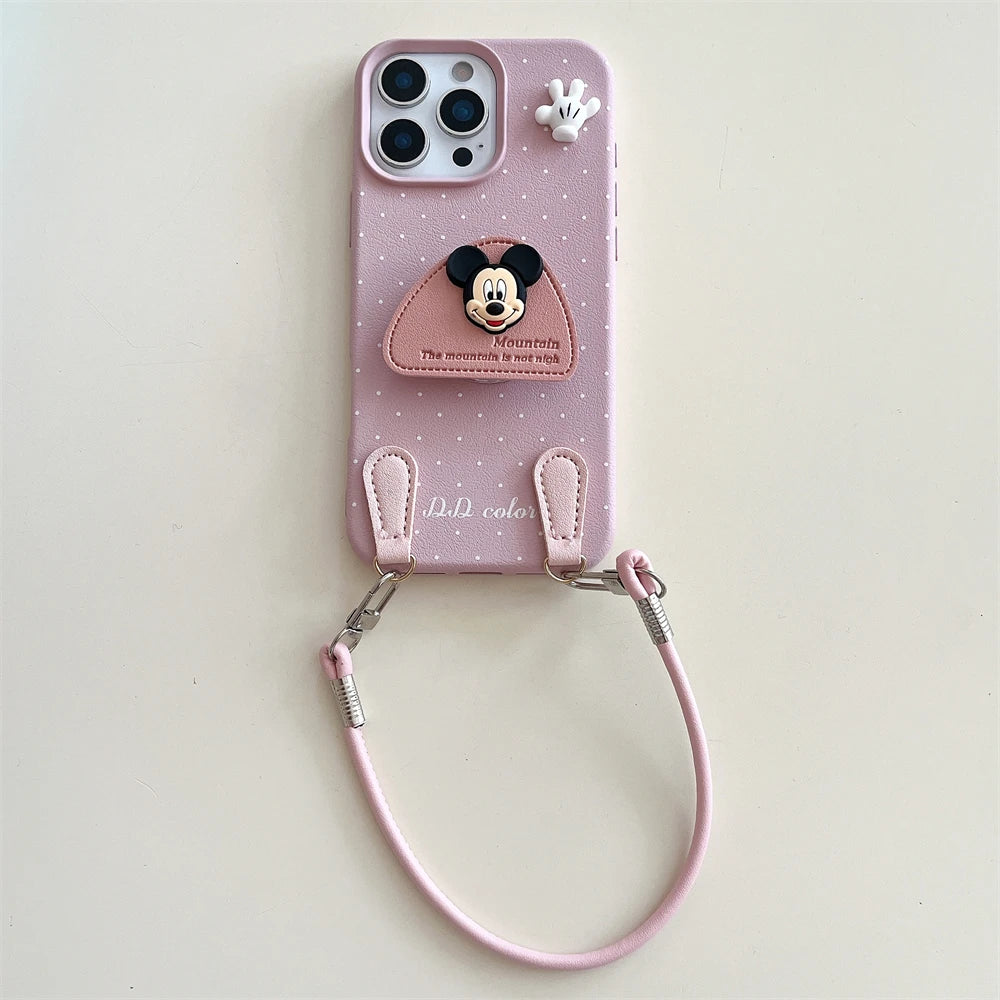 Disney 3D Mickey Stand Holder Polka Leather Case for iPhone 16 15 14 Plus 13 12 11 Pro Max Wrist Hand Strap Shockproof Cover