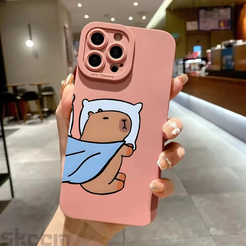 Cute Cartoon Capybara Couple Phone Case For iPhone 15 Pro Max 16 14 11 13 12 XS X XR 16E 7 8 Plus Shockproof Bumper Cover