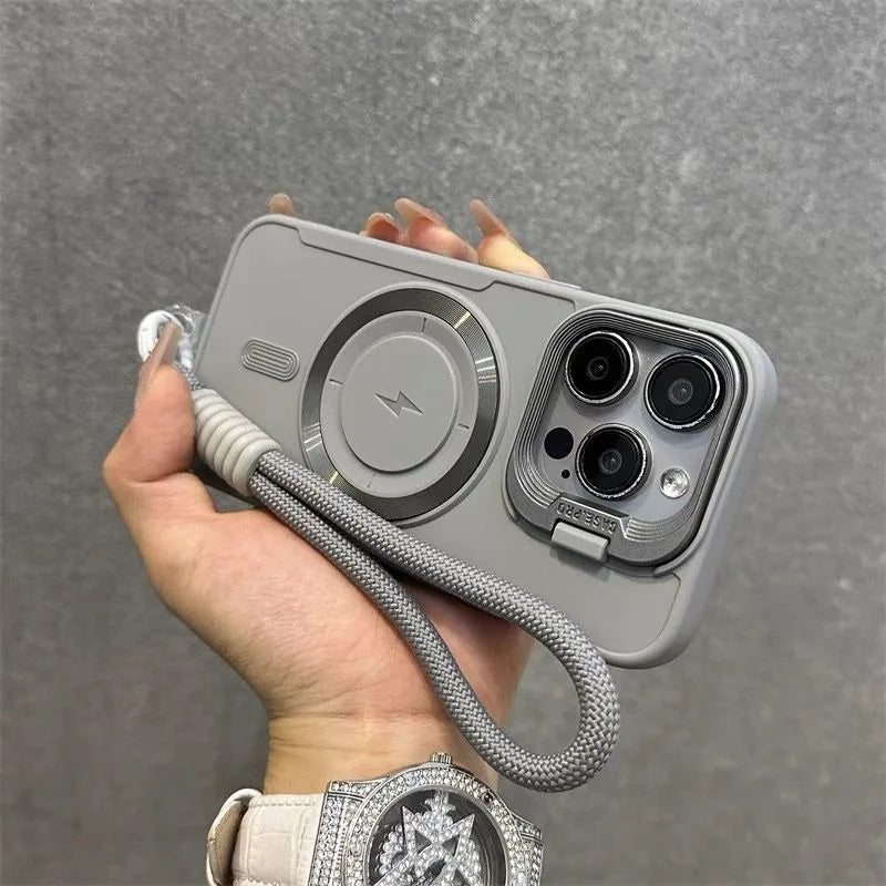 Luxury Flip Up Lens Holder Magnetic Case for iPhone 16 15 14 13 12 11 Pro Max 16 Plus Fashion Nylon Wristband Lanyard Soft Cover
