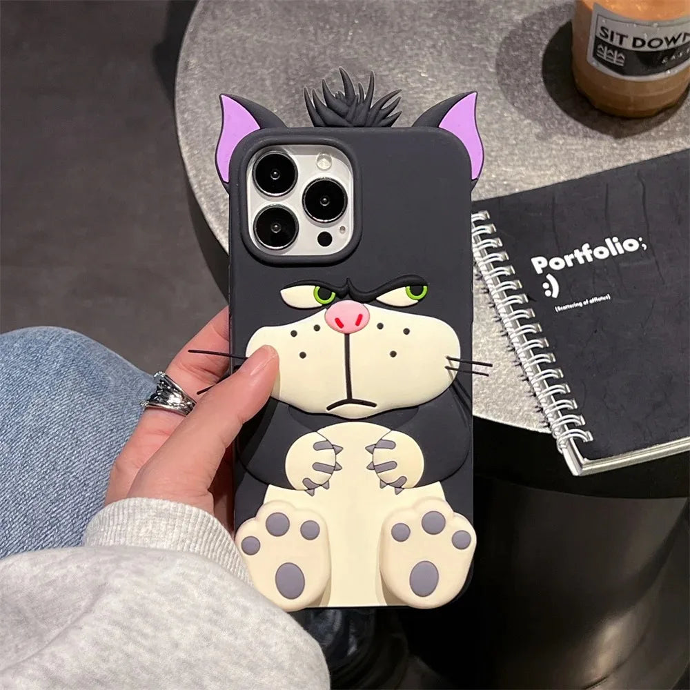 3D Lucifer Cat Cinderella Stretching Feet Stand Holder Cover For iPhone 11 12 13 14 15 16 Pro Max Cute 3D Cartoon Bracket Case