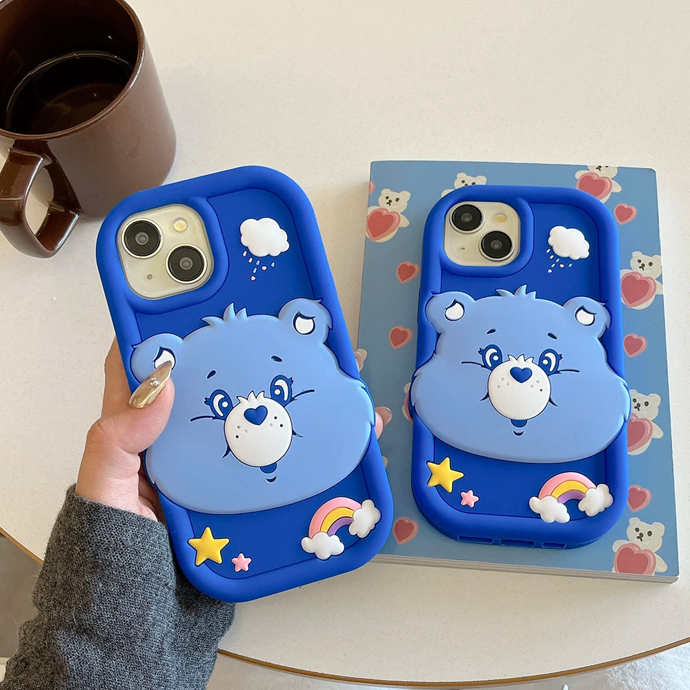 Cute 3D Cartoon Blue Rainbow Bear Soft Silicone Case For iPhone 16 15 14 Promax 13 12 Pro Max Shock Proof Cover Capa Phone Cases
