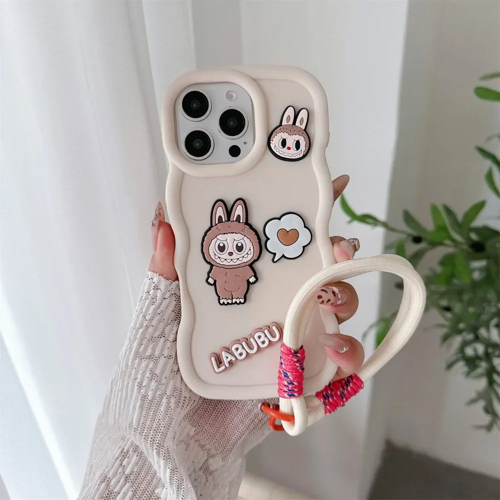 Cute Cartoon Wrist Strap Phone Case for IPhone 16 15 14 13 12 11 Pro Max XS X XR 7 8 Plus Silicone Soft Protective Cover