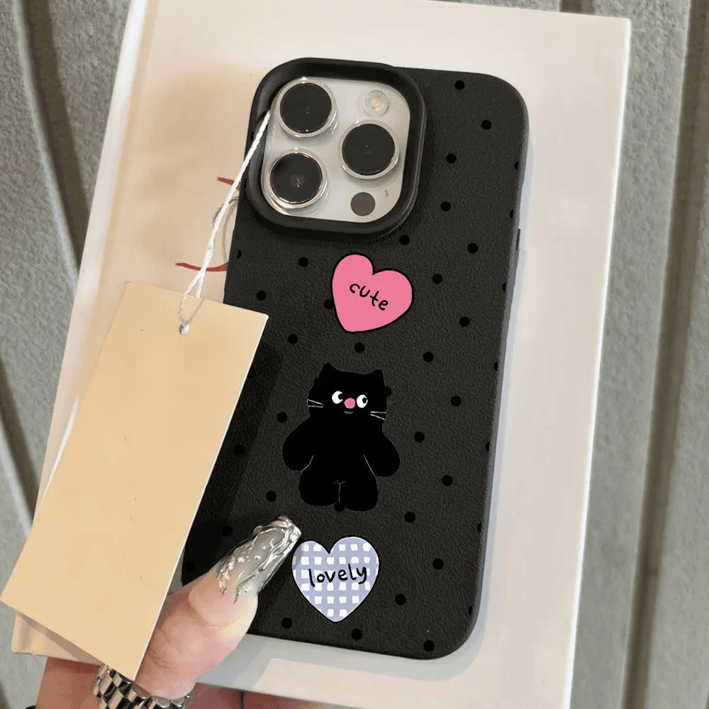 Cute Cartoon Black Cat Dots Leather Phone Case For iPhone 11 Case iPhone 16 14 12 15 13 Pro Max 16 15 Plus Soft Silicone Cover