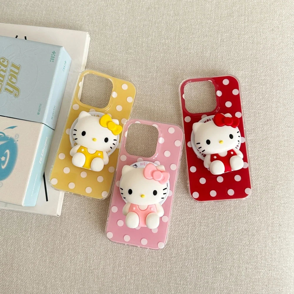 3D Cute Sanrio Hello Kitty Magnetic Grip Tok Holder Magsafe Wireless Charge Phone Case For iPhone 16 15 14 13 12 Pro Max Cover